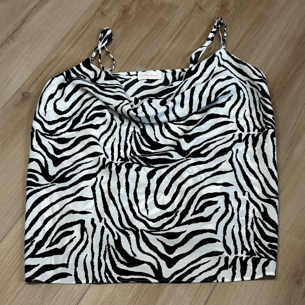 Alythea Zebra Print Cowl Neck Cami Tank Top Black White Size Large